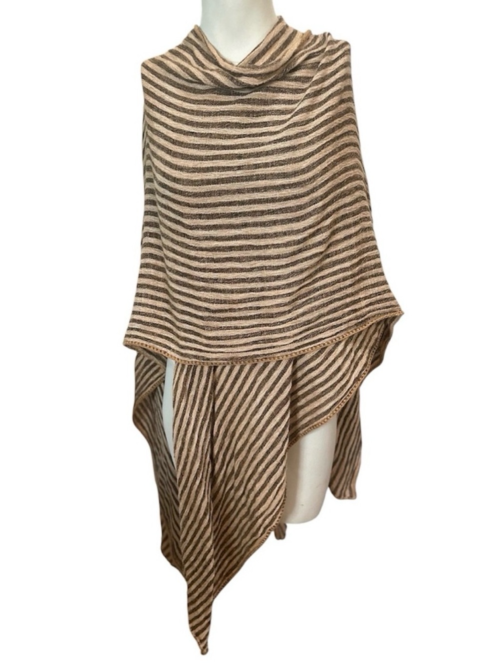 Striped Knit Ruana Poncho Wrap Camel Brown Open Front One Size Boho Cozy